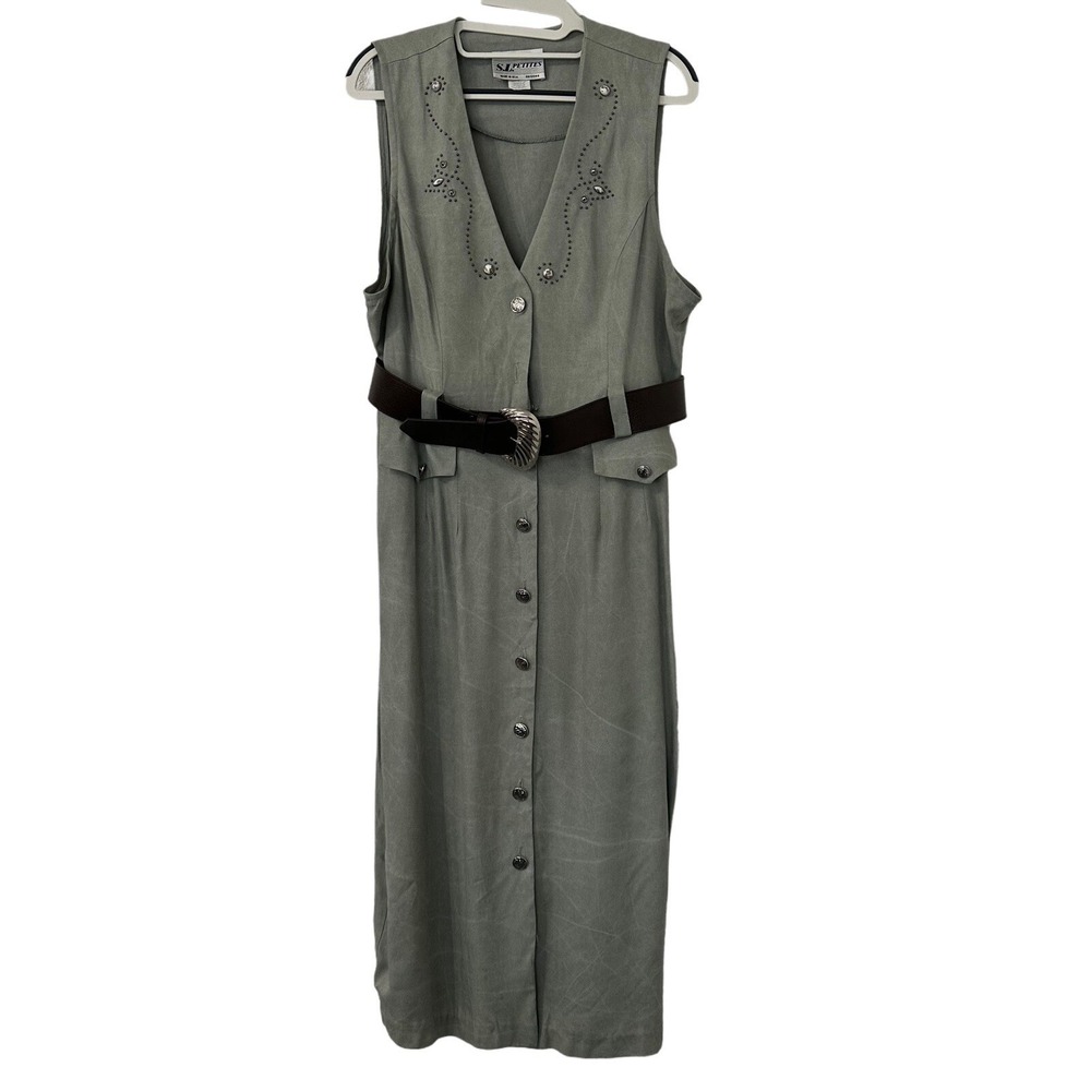 S.L. Petites Vintage 90s Sage Green Studded Button Front Midi Dress Belted 14P